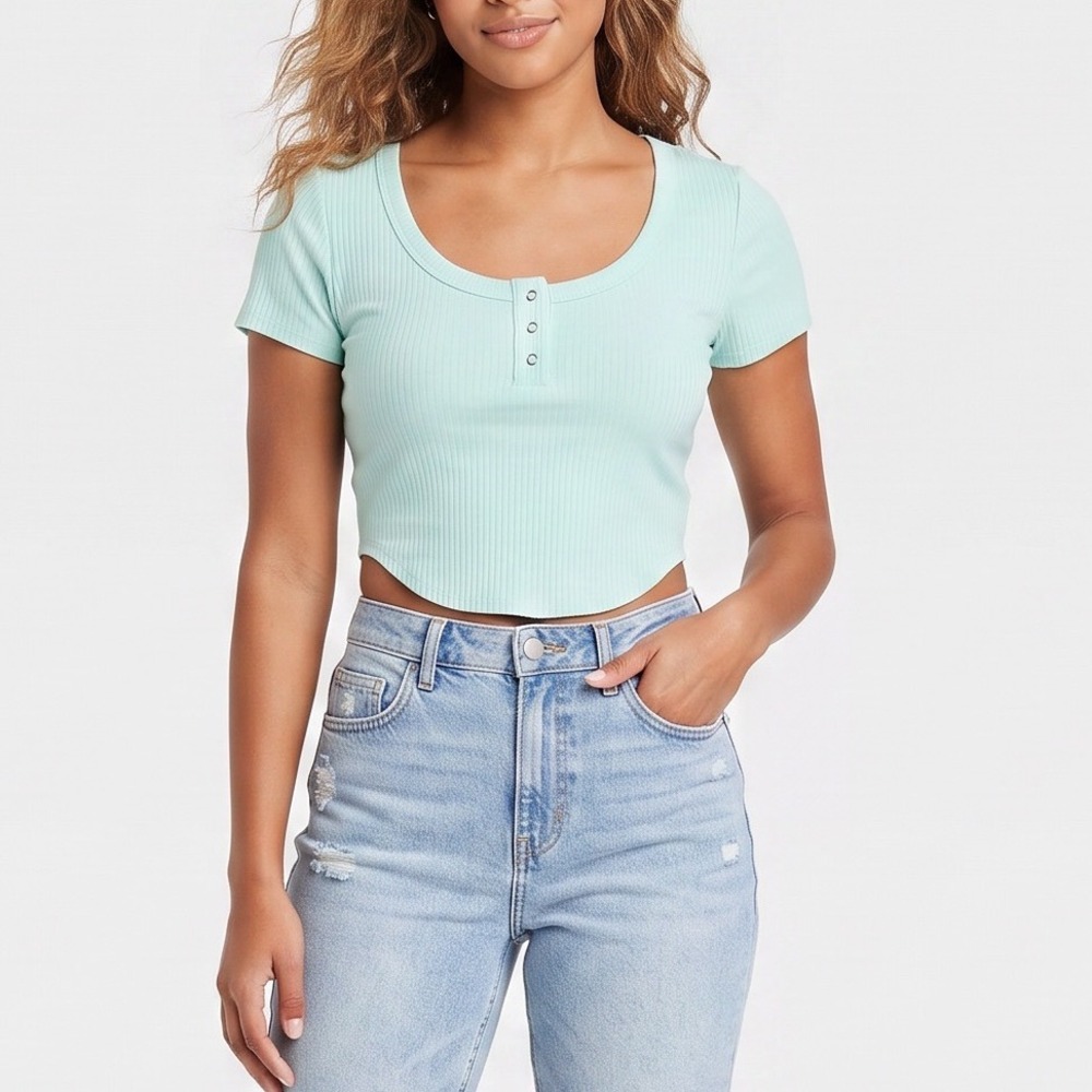 Wild Fable Crop Top Womens S Ribbed Henley Mint Green Short Sleeve Excellent